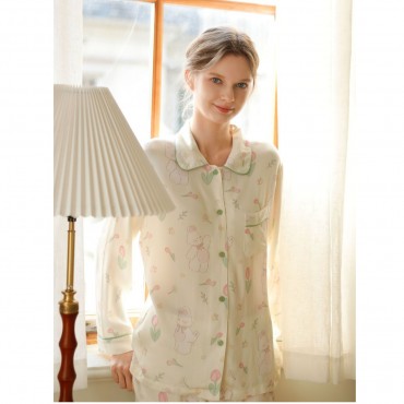 Bamboo Fiber Tulip Print Double Layer Yarn Long Sleeve Women's Pajama Set