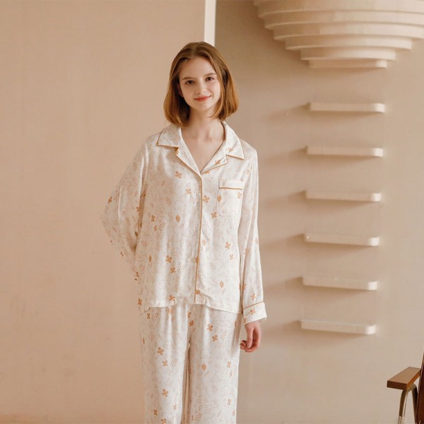 Bamboo Fiber Double Gauze Printed Women's Long Sleeve Long Pants Pajama Set