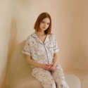 Bamboo Fiber Women's Bird Print Short Sleeve Long Pants Lapel Pajama Set