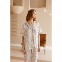 Bamboo Fiber Women's Bird Print Short Sleeve Long Pants Lapel Pajama Set