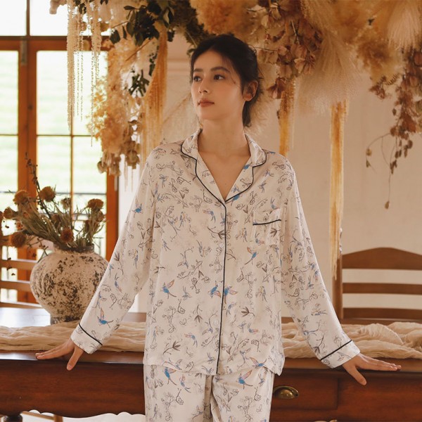 Bamboo cotton double-layer gauze women's flying bird print long-sleeved long pants pajamas set