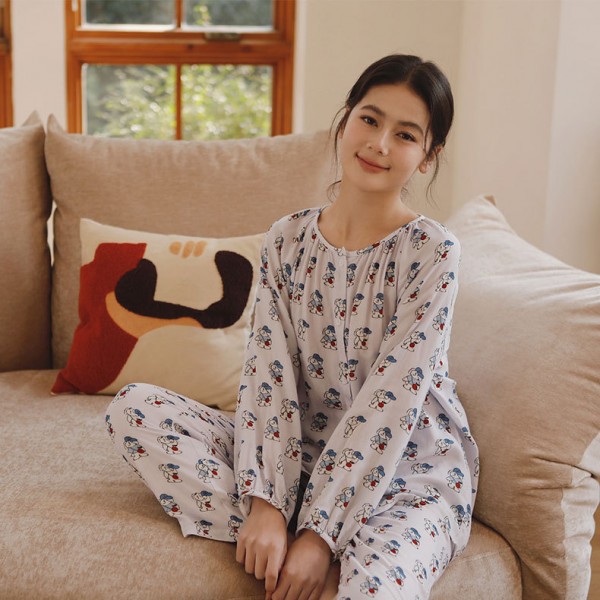 Bamboo Cotton Gauze Women's Home Clothes Cartoon Strap Dog Print Loose Long Sleeve Pajama Set