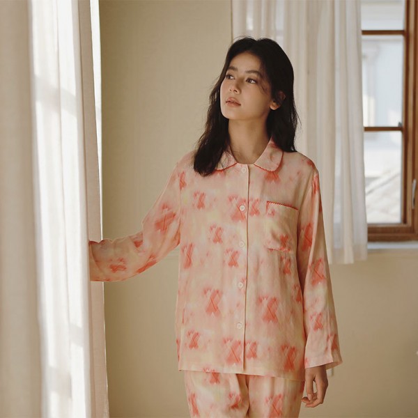 Bamboo Cotton Lapel Long Sleeve Blooming Print Soft and Comfortable Women's Pajama Set