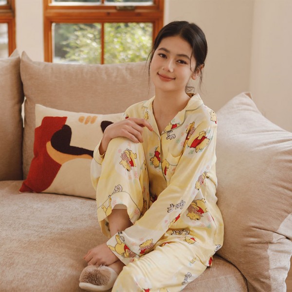 Bamboo Fiber Double-layer Gauze Cartoon Print Lapel Long-sleeved Pants Pajama Set