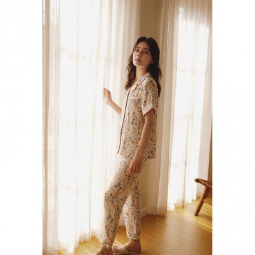 Natural bamboo fiber double-layer gauze magic rabbit print short-sleeved pajamas set