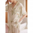 Natural bamboo fiber double-layer gauze printed contrast color short-sleeved pajamas set