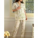 Natural bamboo fiber double-layer gauze printed contrast color short-sleeved pajamas set