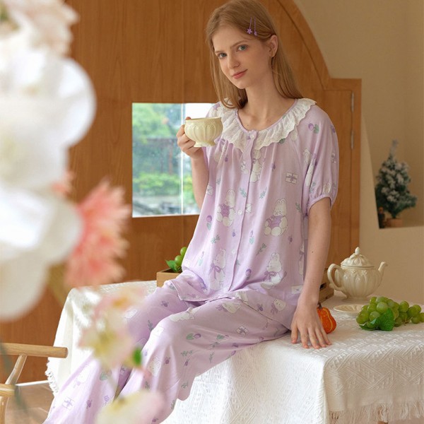 Bamboo Sweet and Cute Double-layer Gauze Rabbit Love Letter Print Pajamas Set Bamboo Fiber Sleepwear