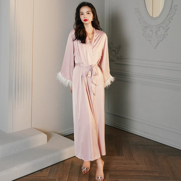 Summer Long-Sleeved Satin Feather Nightgown Sleepwear Sets