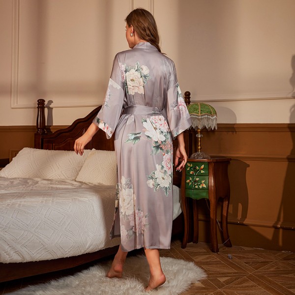 Spring and Autumn Satin Luxury Lace-up Bathrobe and Pajama Set
