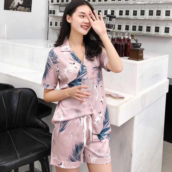 Summer women printed short sleeved stain pajama set