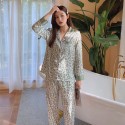 Long Sleeved Green Leopard Print Stain Women's Pajamas Set