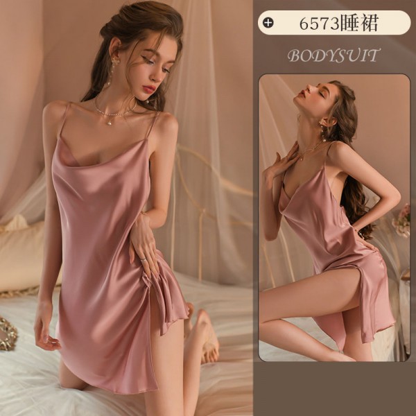 Sexy stain plus size sleepwear with side slit silk slip suspender nightgown