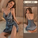 Sexy stain plus size sleepwear with side slit silk slip suspender nightgown