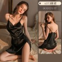 Sexy stain plus size sleepwear with side slit silk slip suspender nightgown