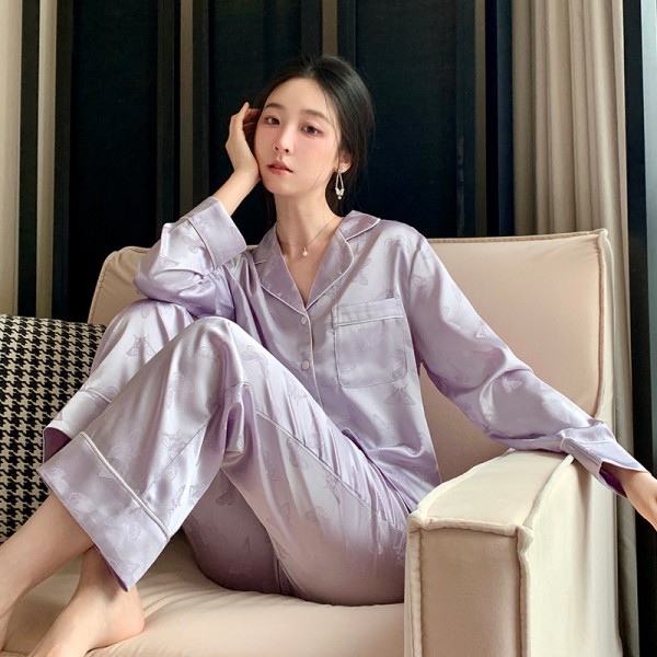 long sleeve Women's butterfly jacquard stain two-piece pajama set