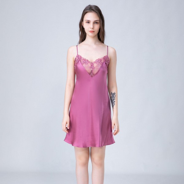 100% Silk Women's Nightgown With Sexy Hollow Out And Personalized Suspender, Made Of Mulberry Silk