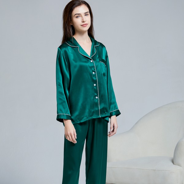 19mm High Density 100% Mulberry Silk Home Wear V-Neck Top And Pants, Women's Solid Color Pajamas Sets