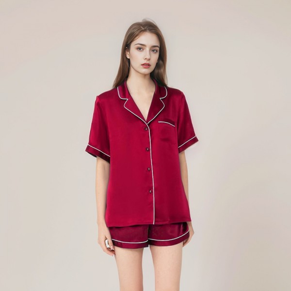 Summer New Women's 100% Silk Short Sleeved Pajamas Shorts Silk Home Suit Set