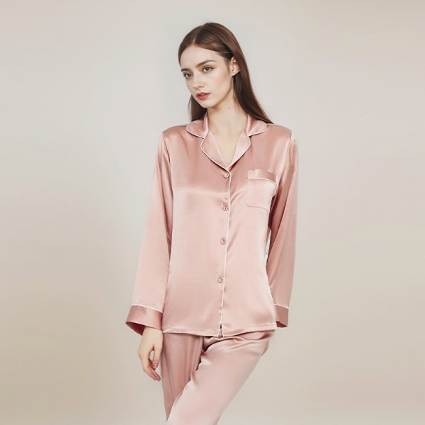 Solid Silk Sleepwear Women's Long Sleeved Pants 100% Mulberry Silk Home Clothes Set