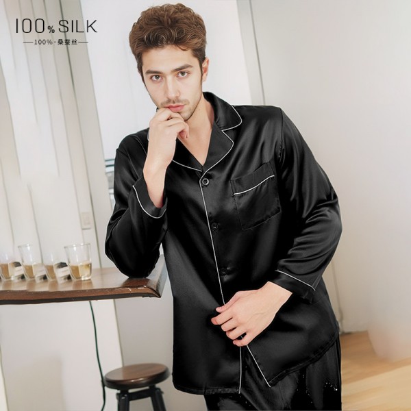 100% Mulberry Silk Men's Long Sleeved Long Pants Sleepwear Home Suit Set Can Be Worn Outside